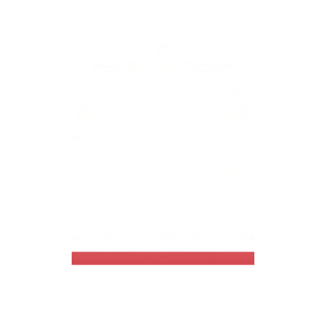 Logo showing stylized white ‘RR’ initials beneath a simple scales-of-justice icon